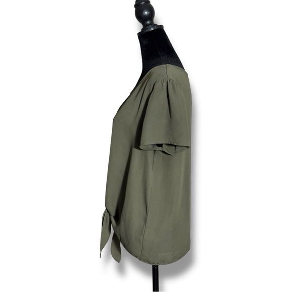 Pink Rose Olive Tie-Front Keyhole Cutout Short Sleeve Shear Crop Crewneck Blouse - Picture 4 of 16